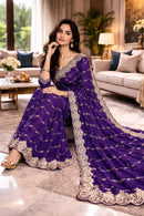 RICH LOOK FENDY SATIN BEADS EMBROIDERY AND LINING WORK WITH CUTWORK BORDER SAREE WITH UNSTITCHED BLOUSE PURPLE