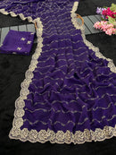 RICH LOOK FENDY SATIN BEADS EMBROIDERY AND LINING WORK WITH CUTWORK BORDER SAREE WITH UNSTITCHED BLOUSE PURPLE