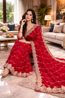 RICH LOOK FENDY SATIN BEADS EMBROIDERY AND LINING WORK WITH CUTWORK BORDER SAREE WITH UNSTITCHED BLOUSE RANI