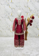 FANCY GMYS SILK EMBROIDERY 3 MM SEQUENCE & CODING DORI WORK KID’S TOP PALAZZO WITH DUPATTA MAROON