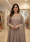 DESIGNER VICHITRA SILK SEQUENCE CODING EMBROIDERY WORK TOP BOTTOM WITH DUPATTA CREAM