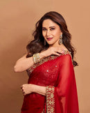 BOLLYWOOD GEORGETTE EMBRODERY SEQUENCE AND ZARI THREAD WORK SAREE WITH UNSTITCHED BLOUSE RED