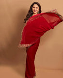 BOLLYWOOD GEORGETTE EMBRODERY SEQUENCE AND ZARI THREAD WORK SAREE WITH UNSTITCHED BLOUSE RED