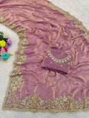 DESIGNER FENDY SATIN SEQUENCE EMBROIDERY AND MULTI THREAD WITH ARCO CUT WORK SAREE WITH UNSTITCHED BLOUSE LAVENDER Category: Embroidery Work Saree