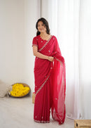 DESIGNER GEORGETTE SILK EMBROIDERY AND MOTI WORK SAREE WITH UNSTITCHED BLOUSE RANI