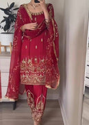 DESIGNER NATURAL CREPE SILK SEQUENCE EMBROIDERY WORK TOP BOTTOM WITH DUPATTA RED