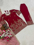DESIGNER NATURAL CREPE SILK SEQUENCE EMBROIDERY WORK TOP BOTTOM WITH DUPATTA RED