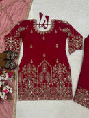 DESIGNER NATURAL CREPE SILK SEQUENCE EMBROIDERY WORK TOP BOTTOM WITH DUPATTA RED