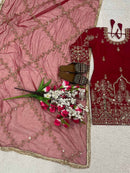 DESIGNER NATURAL CREPE SILK SEQUENCE EMBROIDERY WORK TOP BOTTOM WITH DUPATTA RED