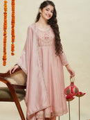 DESIGNER SILK BLEND EMBROIDERY SEQUENCE WORK KID’S GOWN WITH DUPATTA BABY PINK