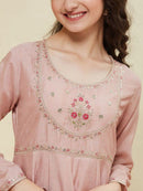 DESIGNER SILK BLEND EMBROIDERY SEQUENCE WORK KID’S GOWN WITH DUPATTA BABY PINK