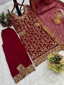 FANCY GEORGETTE EMBROIDREY STONE WORK TOP PALAZZO WITH DUPATTA MAROON