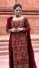 FANCY GEORGETTE EMBROIDREY STONE WORK TOP PALAZZO WITH DUPATTA MAROON