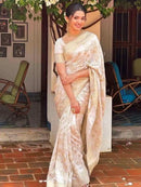 FANCY LICHI SILK BANARASI WEAVING WORK SAREE WITH UNSTITCHED BLOUSE CREAM