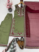 FASHIONABLE VICHITRA SILK EMBROIDERED SEQUENCE WORK TOP BOTTOM DUPATTA MINT