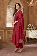 LATEST RAYON SILK EMBROIDERY SEQUENCE WORK TOP BOTTOM WITH DUPATTA WINE