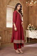LATEST RAYON SILK EMBROIDERY SEQUENCE WORK TOP BOTTOM WITH DUPATTA WINE