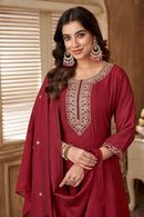 LATEST RAYON SILK EMBROIDERY SEQUENCE WORK TOP BOTTOM WITH DUPATTA WINE
