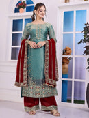 RICH LOOK FENDI SILK EMBROIDERY AND SEQUENCE WORK WITH RIVET MOTI WORK TOP PALAZZO WITH DUPATTA SKY