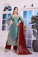 RICH LOOK FENDI SILK EMBROIDERY AND SEQUENCE WORK WITH RIVET MOTI WORK TOP PALAZZO WITH DUPATTA SKY