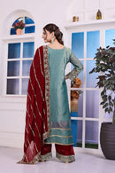 RICH LOOK FENDI SILK EMBROIDERY AND SEQUENCE WORK WITH RIVET MOTI WORK TOP PALAZZO WITH DUPATTA SKY