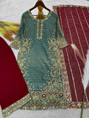 RICH LOOK FENDI SILK EMBROIDERY AND SEQUENCE WORK WITH RIVET MOTI WORK TOP PALAZZO WITH DUPATTA SKY