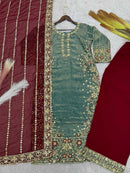 RICH LOOK FENDI SILK EMBROIDERY AND SEQUENCE WORK WITH RIVET MOTI WORK TOP PALAZZO WITH DUPATTA SKY