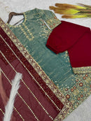 RICH LOOK FENDI SILK EMBROIDERY AND SEQUENCE WORK WITH RIVET MOTI WORK TOP PALAZZO WITH DUPATTA SKY