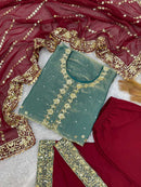 RICH LOOK FENDI SILK EMBROIDERY AND SEQUENCE WORK WITH RIVET MOTI WORK TOP PALAZZO WITH DUPATTA SKY