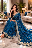 RICH LOOK FENDY SATIN BEADS EMBROIDERY AND LINING WORK WITH CUTWORK BORDER SAREE WITH UNSTITCHED BLOUSE PURPLE