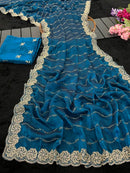 RICH LOOK FENDY SATIN BEADS EMBROIDERY AND LINING WORK WITH CUTWORK BORDER SAREE WITH UNSTITCHED BLOUSE PURPLE