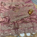 RICH LOOK FENDY SATIN EMBROIDERY AND SILVER ZARI THREAD WORK WITH ARC CUT BORDER SAREE WITH UNSTITCHED BLOUSE ONION
