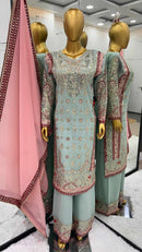 TRENDING GEORGETTE EMBROIDERY SEQUENCE WORK TOP SHARARA WITH DUPATTA SEA GREEN