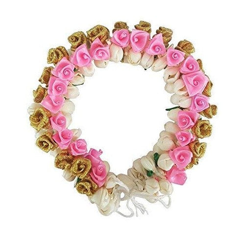 INAAYA Pink White And Golden Artificial Flower Gajra For Women And Girls (M1)